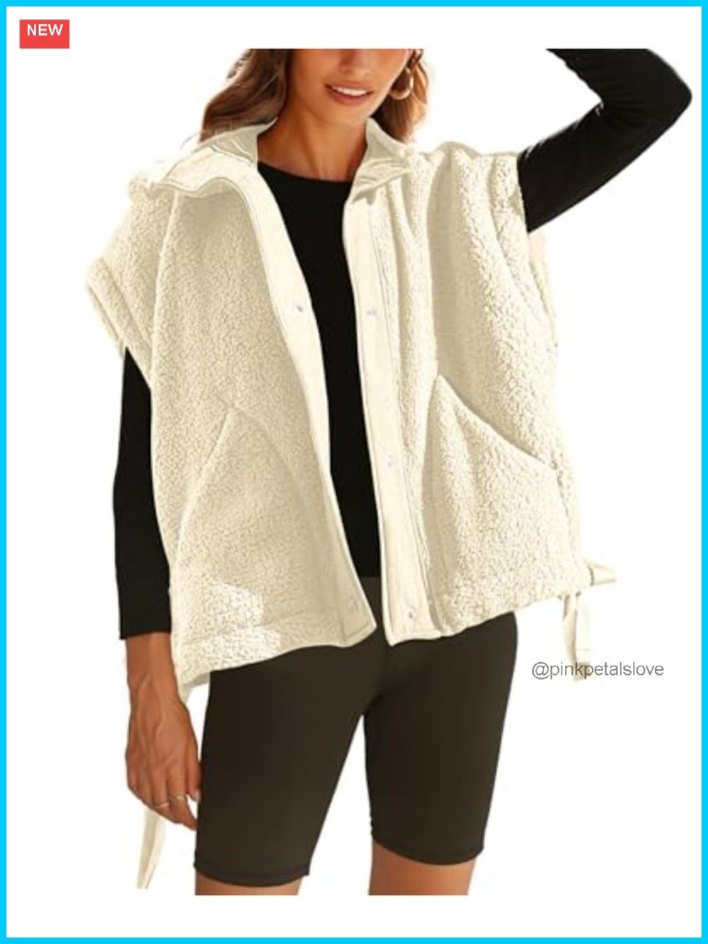 Womens Fuzzy Fleece Vest Sleeveless Sherpa Jacket Button Drawstring Hem
